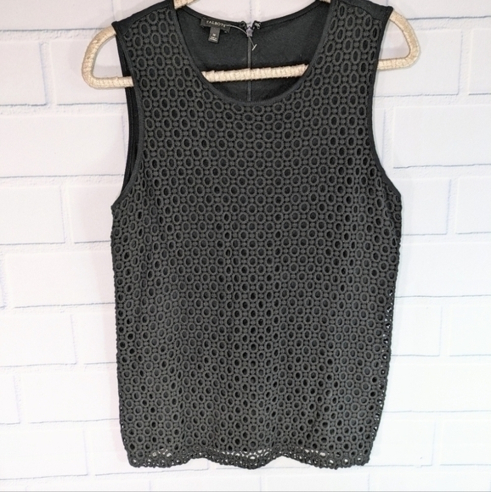 Talbots Black Sleeveless Knit Top Crocheted Lace Front Panel